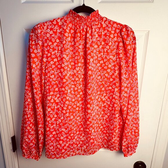 J.Crew Women’s Red Pink Heart Print Smocked Neck Feminine Blouse Size Small NWTD - Picture 3 of 10